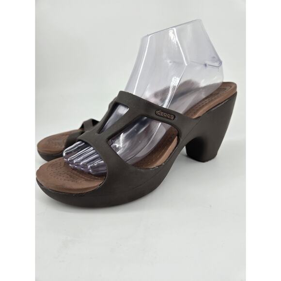 Crocs Cypres II Heeled Slip On Platform Sandal Sz 9 Mocha Brown Open Toe Comfort - Picture 1 of 9